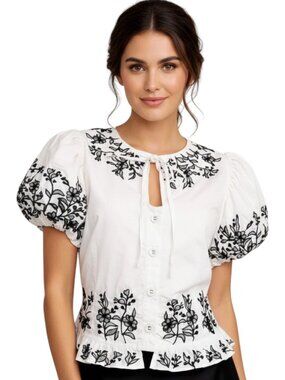 Love the Label Blouse White Embroidered Puff Sleeve M